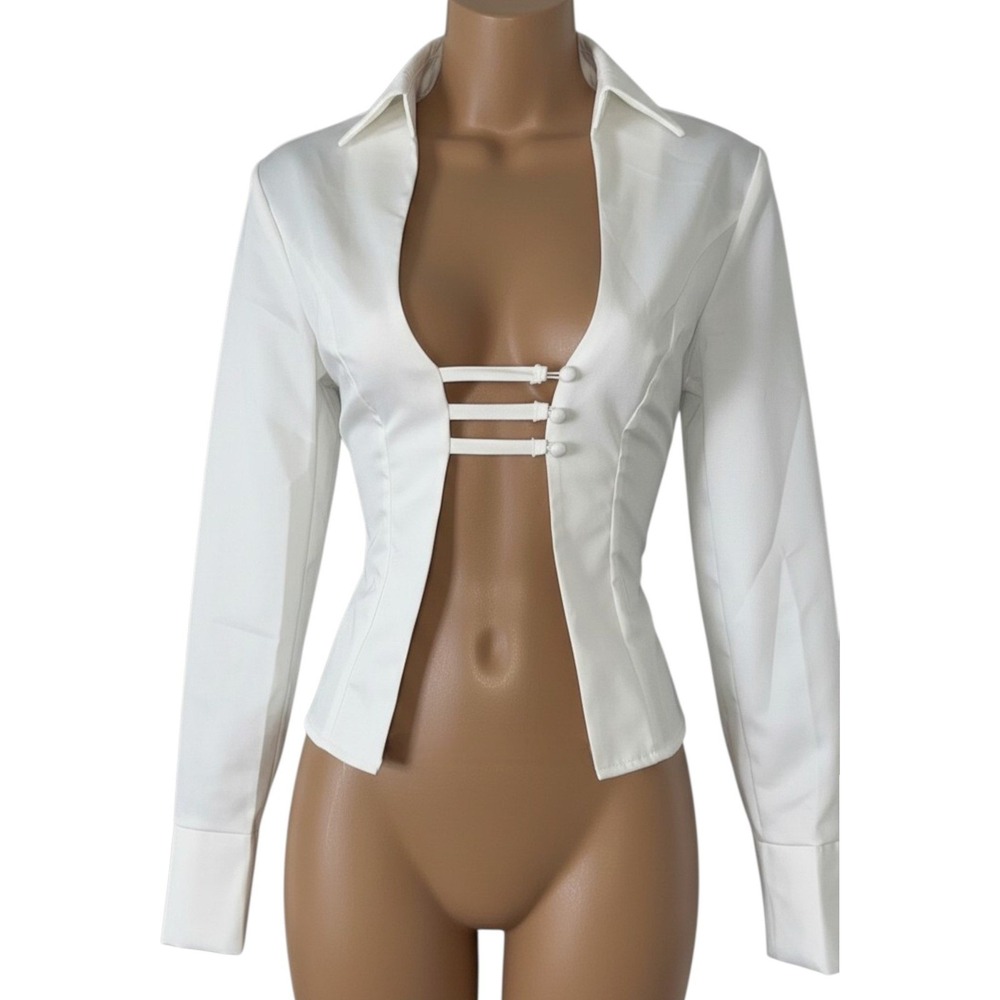 New XS White Strappy Open Front Long Sleeve Collared Top Blouse Sexy Y2k Crop